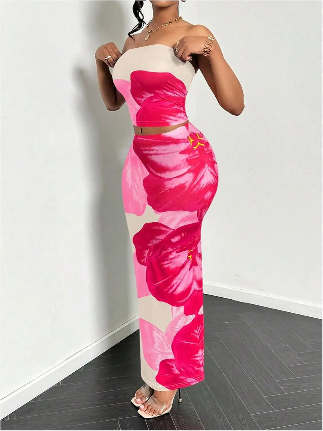MakeMeChic Women's Two Piece Outfit Floral Strapless Bandeau Crop Tops and Bodycon Maxi Skirt Set