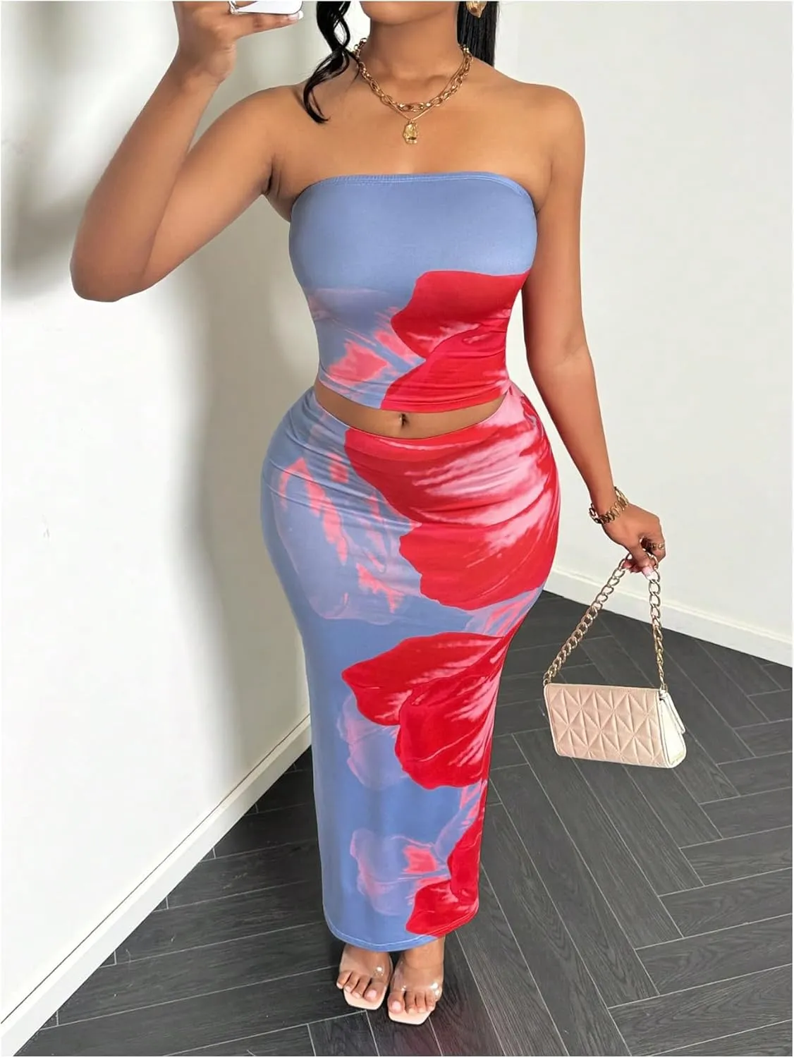 MakeMeChic Women's Two Piece Outfit Floral Strapless Bandeau Crop Tops and Bodycon Maxi Skirt Set