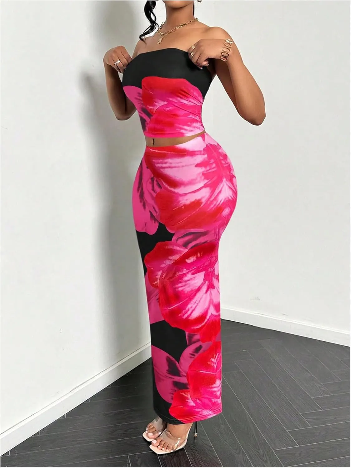 MakeMeChic Women's Two Piece Outfit Floral Strapless Bandeau Crop Tops and Bodycon Maxi Skirt Set