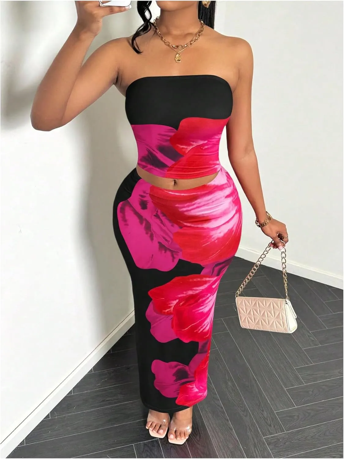MakeMeChic Women's Two Piece Outfit Floral Strapless Bandeau Crop Tops and Bodycon Maxi Skirt Set