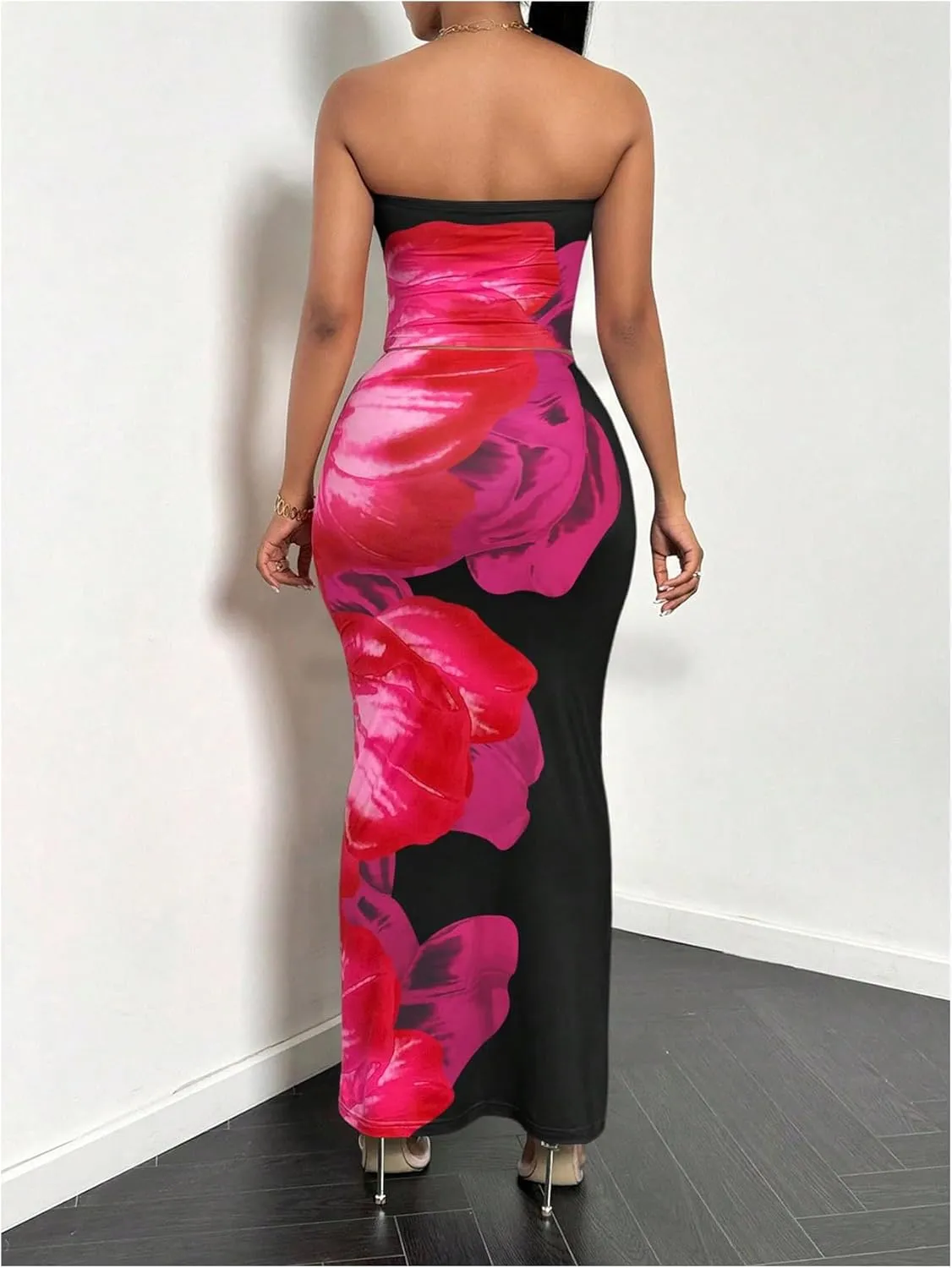 MakeMeChic Women's Two Piece Outfit Floral Strapless Bandeau Crop Tops and Bodycon Maxi Skirt Set