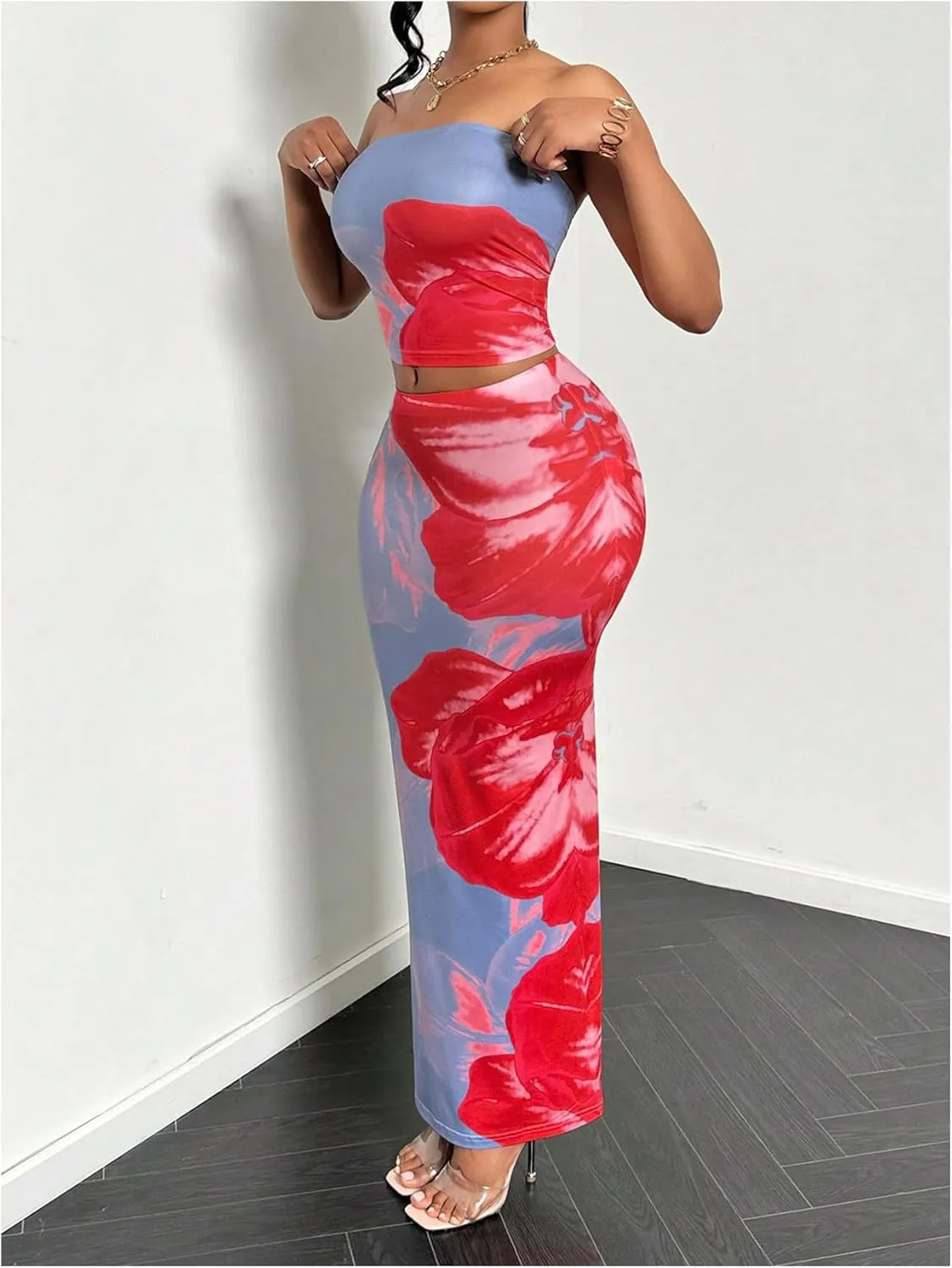 MakeMeChic Women's Two Piece Outfit Floral Strapless Bandeau Crop Tops and Bodycon Maxi Skirt Set