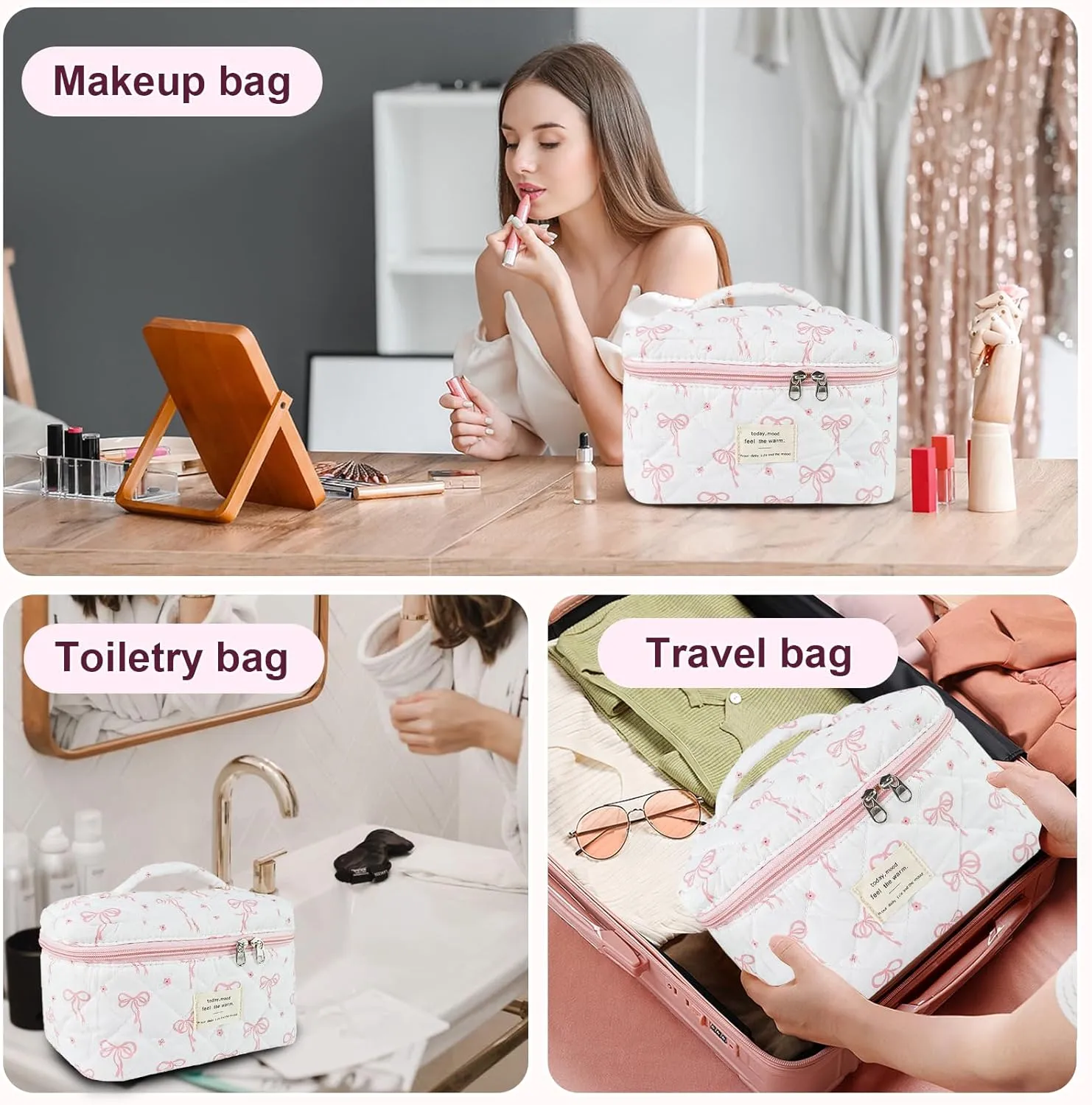 Makeup Bag, Quilted Bow Cosmetic Bag, Large Travel Aesthetic Make up Bag, Cute Coquette Toiletry Pouch for Women Girls