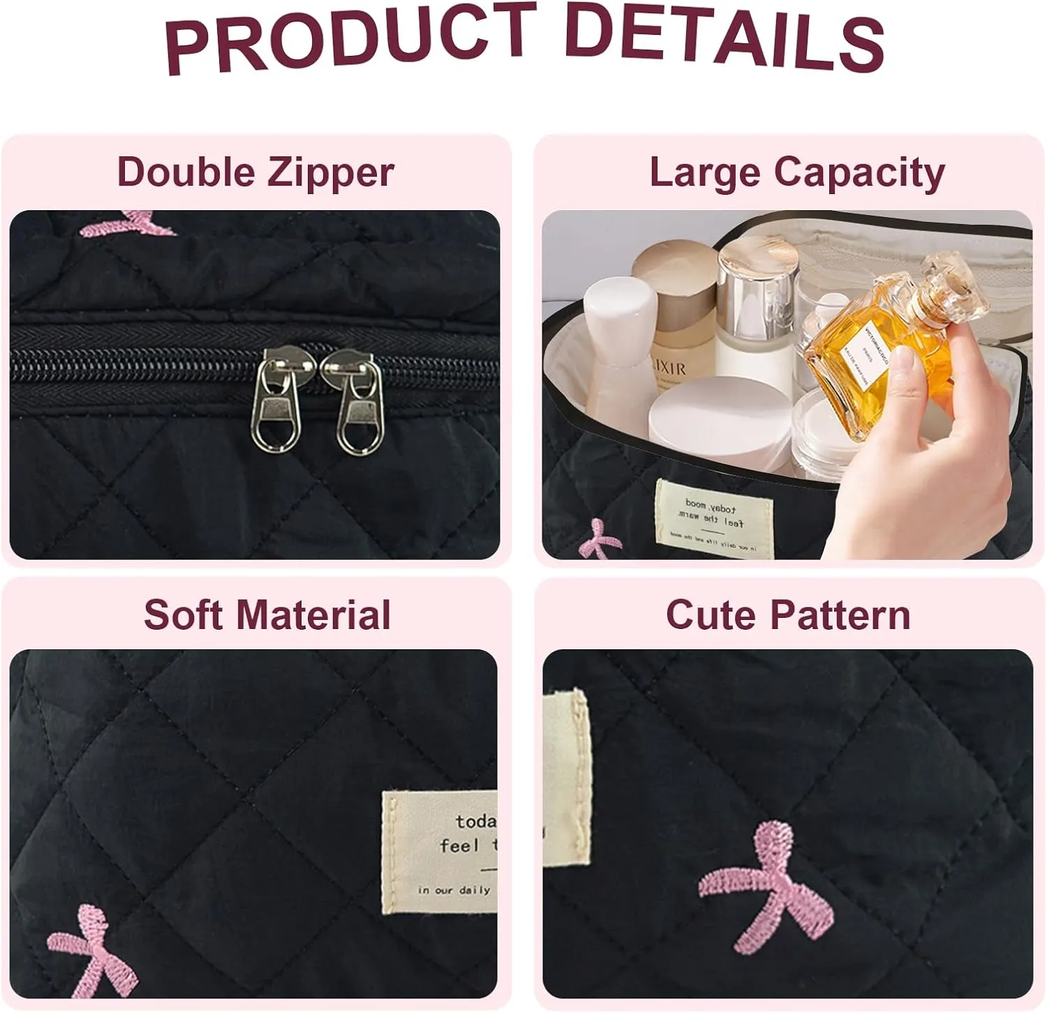 Makeup Bag, Quilted Bow Cosmetic Bag, Large Travel Aesthetic Make up Bag, Cute Coquette Toiletry Pouch for Women Girls