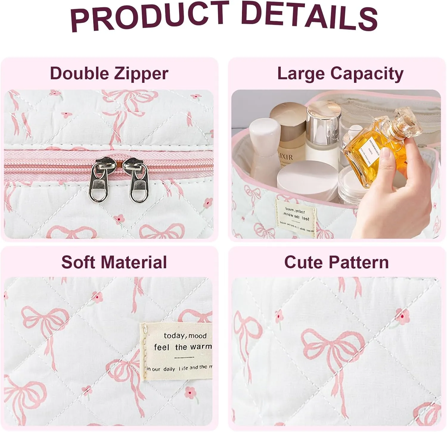 Makeup Bag, Quilted Bow Cosmetic Bag, Large Travel Aesthetic Make up Bag, Cute Coquette Toiletry Pouch for Women Girls
