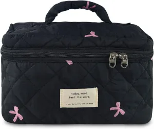Makeup Bag, Quilted Bow Cosmetic Bag, Large Travel Aesthetic Make up Bag, Cute Coquette Toiletry Pouch for Women Girls