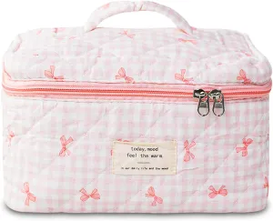 Makeup Bag, Quilted Bow Cosmetic Bag, Large Travel Aesthetic Make up Bag, Cute Coquette Toiletry Pouch for Women Girls