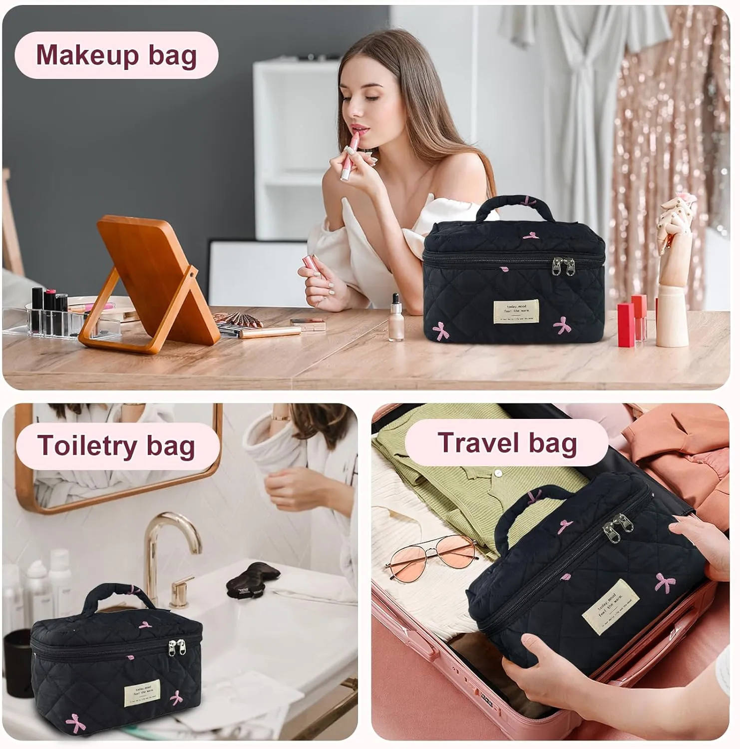 Makeup Bag, Quilted Bow Cosmetic Bag, Large Travel Aesthetic Make up Bag, Cute Coquette Toiletry Pouch for Women Girls