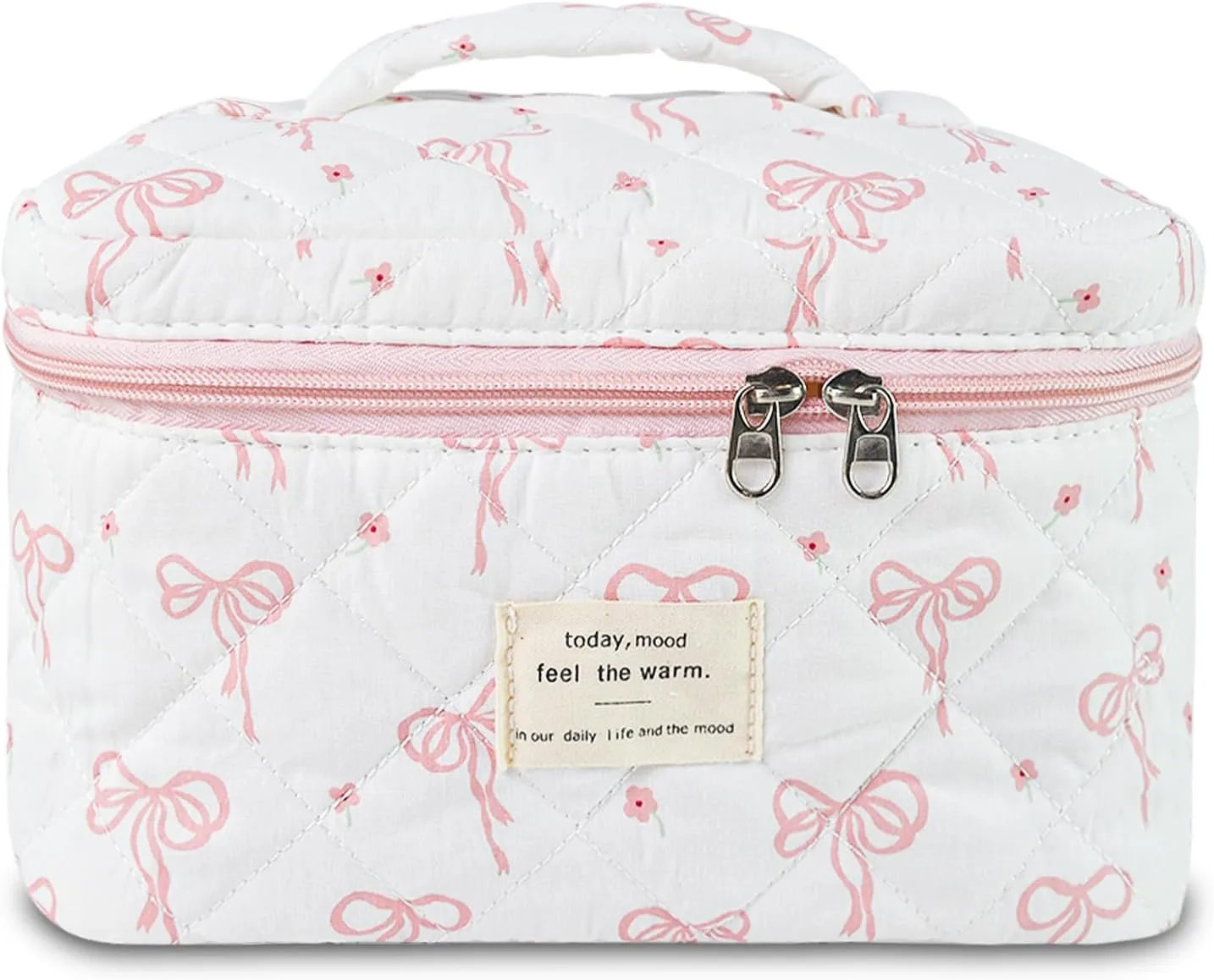 Makeup Bag, Quilted Bow Cosmetic Bag, Large Travel Aesthetic Make up Bag, Cute Coquette Toiletry Pouch for Women Girls