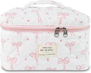 Makeup Bag, Quilted Bow Cosmetic Bag, Large Travel Aesthetic Make up Bag, Cute Coquette Toiletry Pouch for Women Girls