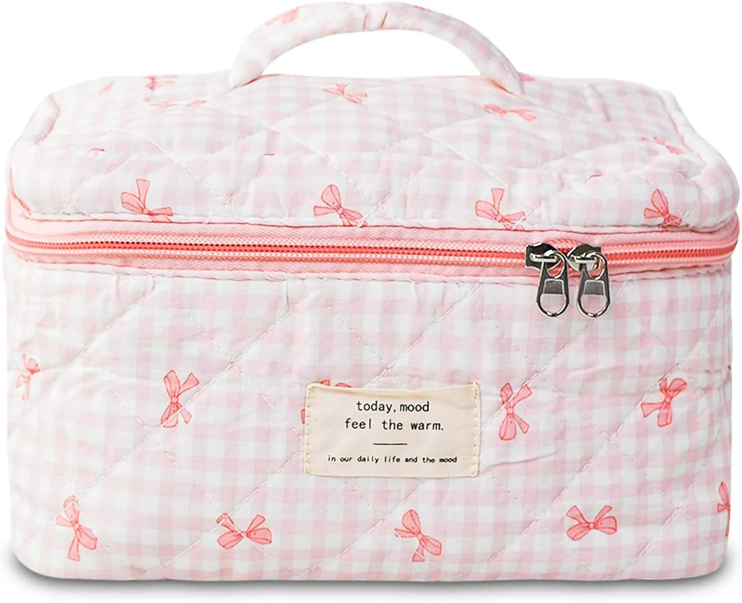 Makeup Bag, Quilted Bow Cosmetic Bag, Large Travel Aesthetic Make up Bag, Cute Coquette Toiletry Pouch for Women Girls