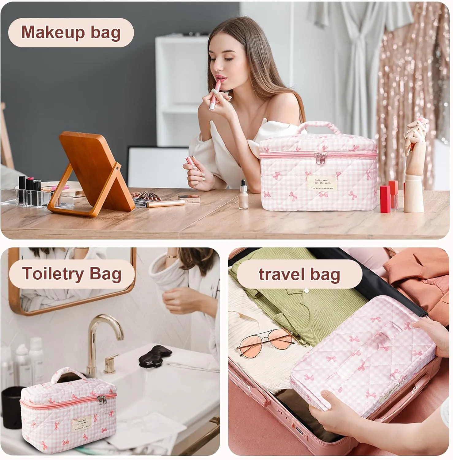 Makeup Bag, Quilted Bow Cosmetic Bag, Large Travel Aesthetic Make up Bag, Cute Coquette Toiletry Pouch for Women Girls