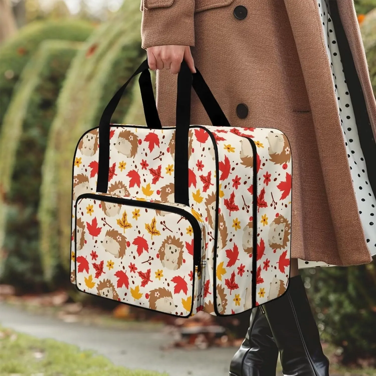 Maple Hedgehog Sewing Machine Tote Bag Two Way Zipper Household Sewing Machine Handbags Portable Sewing Machine Case for Outdoor Traveling Camping Thanksgiving Use (Bag Only)