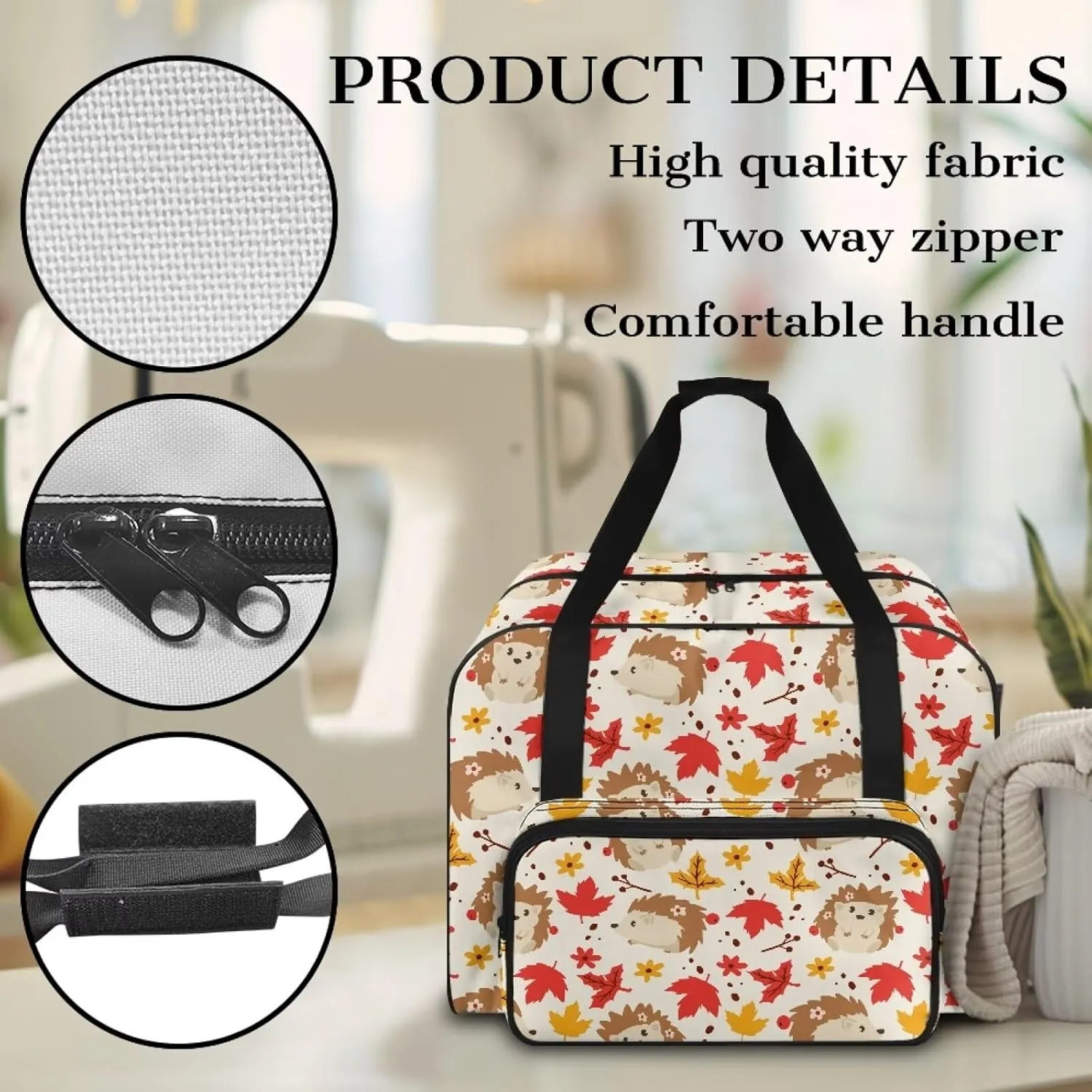 Maple Hedgehog Sewing Machine Tote Bag Two Way Zipper Household Sewing Machine Handbags Portable Sewing Machine Case for Outdoor Traveling Camping Thanksgiving Use (Bag Only)