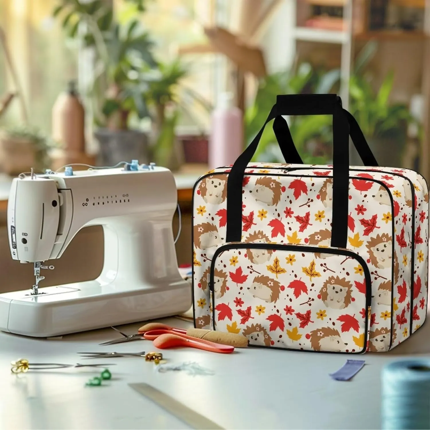Maple Hedgehog Sewing Machine Tote Bag Two Way Zipper Household Sewing Machine Handbags Portable Sewing Machine Case for Outdoor Traveling Camping Thanksgiving Use (Bag Only)