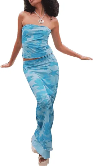 Maxi Skirt Set Floral Halter Top Maxi Skirt Sexy Going Out Outfits for Women 2 Piece Bodycon Mesh Streetwear