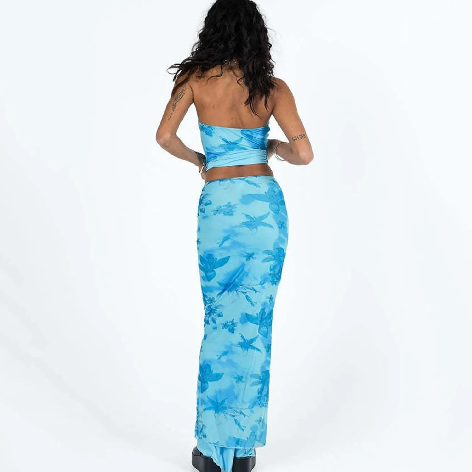Maxi Skirt Set Floral Halter Top Maxi Skirt Sexy Going Out Outfits for Women 2 Piece Bodycon Mesh Streetwear