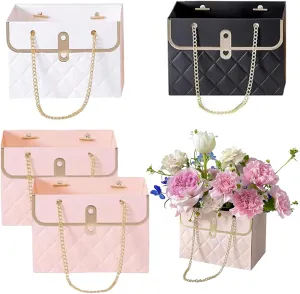 mdgfge 4 Pcs Paper Flower Bags Bouquet Storage Bucket Florist Handbags with Metal Chain Floral Box Flower Wrapping Basket Boxes for Mother's Day Wedding Birthday Baby Shower Party Supplies