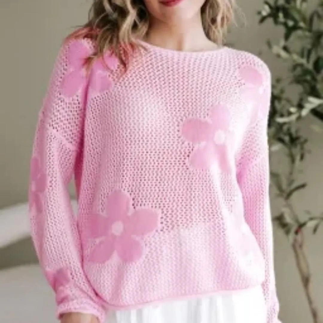 Melliflo Women's Big Flower Print Crochet Sweaters Hollowed Knit Drop Shoulder Tops Long Sleeve Crew Neck Graphic Sweaters