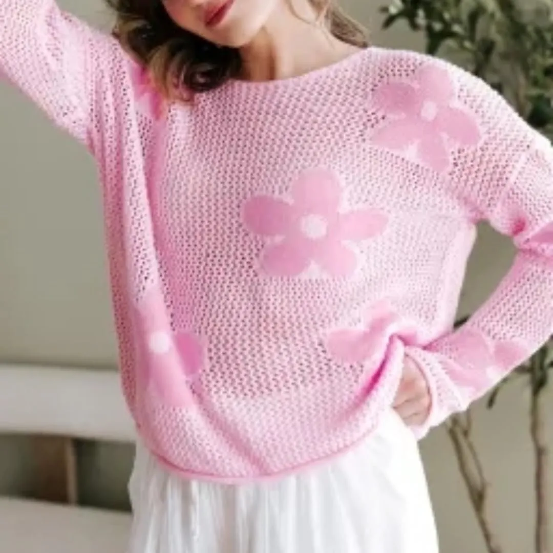 Melliflo Women's Big Flower Print Crochet Sweaters Hollowed Knit Drop Shoulder Tops Long Sleeve Crew Neck Graphic Sweaters