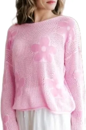 Melliflo Women's Big Flower Print Crochet Sweaters Hollowed Knit Drop Shoulder Tops Long Sleeve Crew Neck Graphic Sweaters