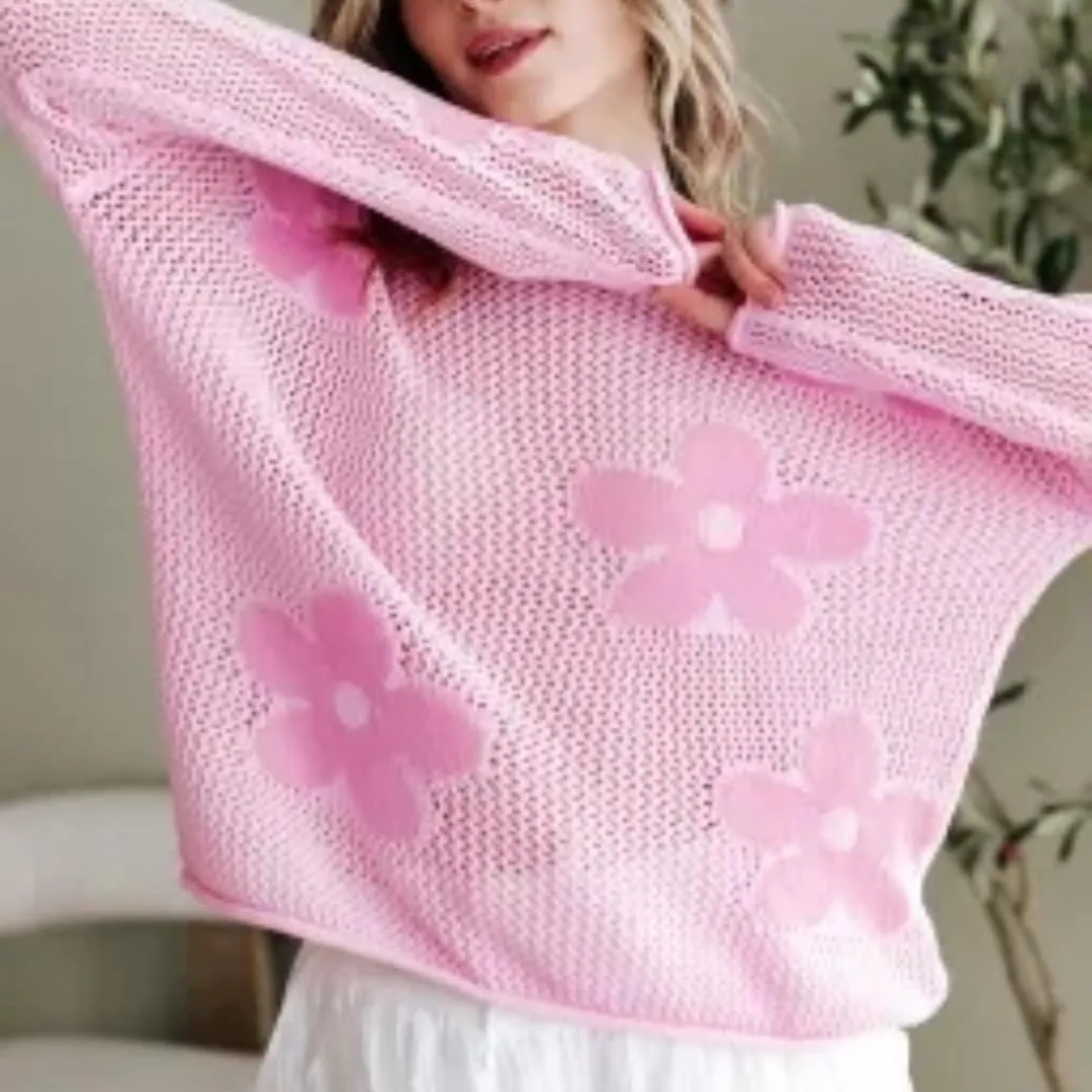 Melliflo Women's Big Flower Print Crochet Sweaters Hollowed Knit Drop Shoulder Tops Long Sleeve Crew Neck Graphic Sweaters