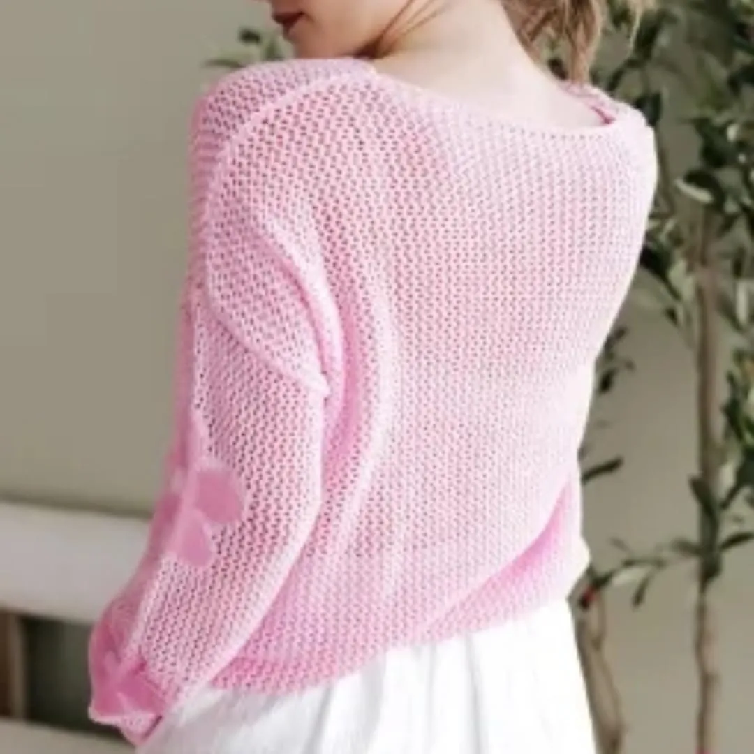 Melliflo Women's Big Flower Print Crochet Sweaters Hollowed Knit Drop Shoulder Tops Long Sleeve Crew Neck Graphic Sweaters