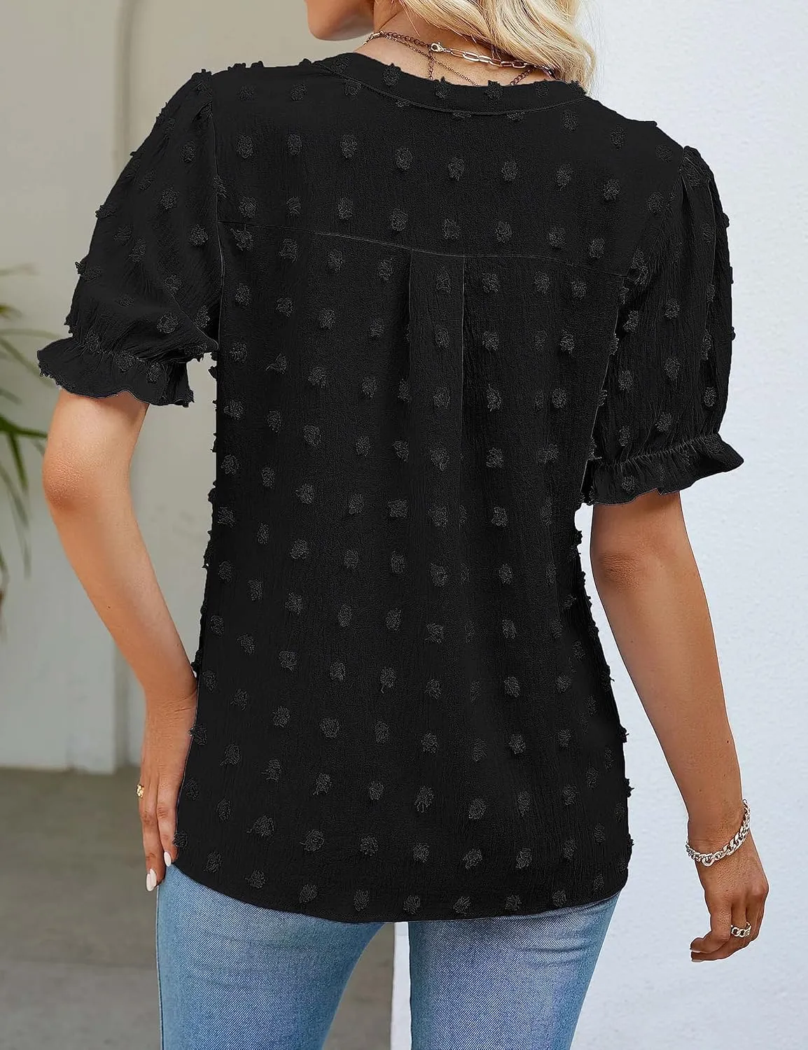 MEROKEETY Women's 2025 Summer V Neck Blouse Puff Sleeve Swiss Dot Business Casual Cute Shirts Tops