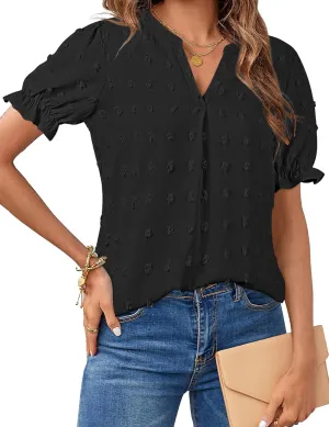 MEROKEETY Women's 2025 Summer V Neck Blouse Puff Sleeve Swiss Dot Business Casual Cute Shirts Tops