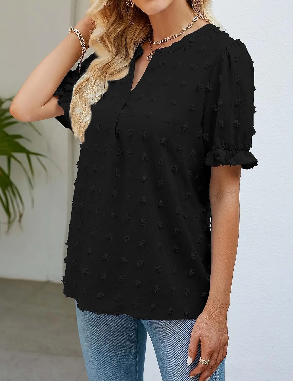 MEROKEETY Women's 2025 Summer V Neck Blouse Puff Sleeve Swiss Dot Business Casual Cute Shirts Tops