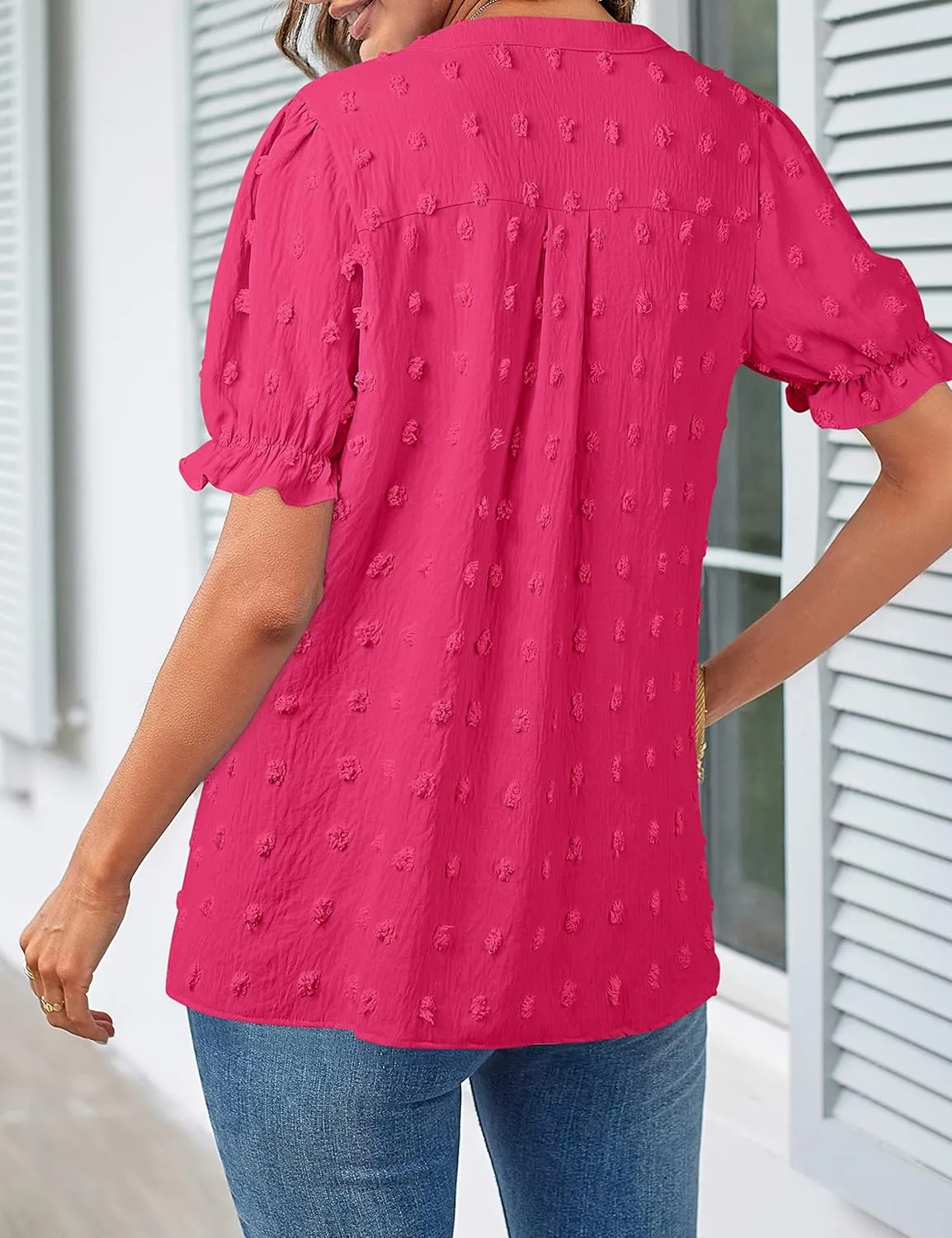 MEROKEETY Women's 2025 Summer V Neck Blouse Puff Sleeve Swiss Dot Business Casual Cute Shirts Tops