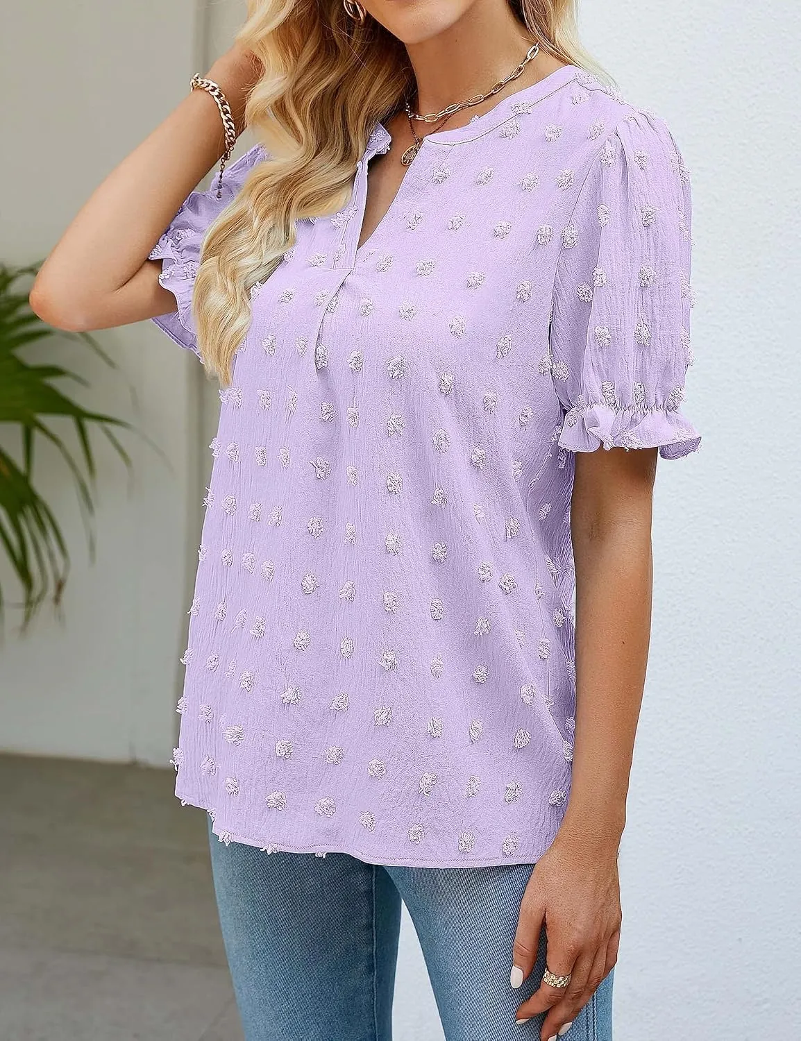 MEROKEETY Women's 2025 Summer V Neck Blouse Puff Sleeve Swiss Dot Business Casual Cute Shirts Tops