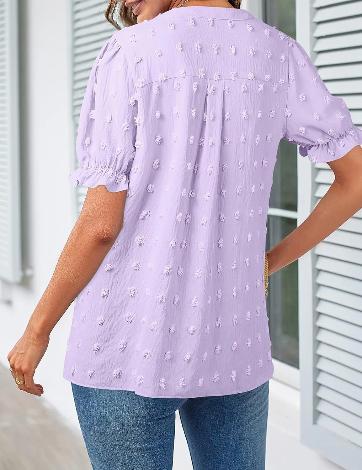 MEROKEETY Women's 2025 Summer V Neck Blouse Puff Sleeve Swiss Dot Business Casual Cute Shirts Tops