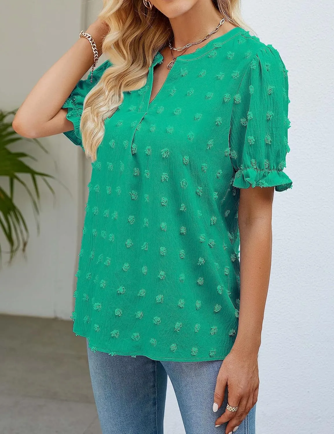 MEROKEETY Women's 2025 Summer V Neck Blouse Puff Sleeve Swiss Dot Business Casual Cute Shirts Tops