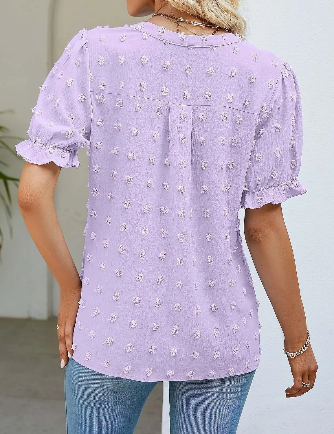 MEROKEETY Women's 2025 Summer V Neck Blouse Puff Sleeve Swiss Dot Business Casual Cute Shirts Tops