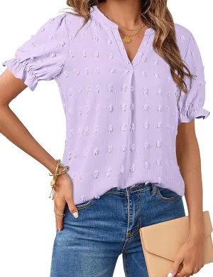 MEROKEETY Women's 2025 Summer V Neck Blouse Puff Sleeve Swiss Dot Business Casual Cute Shirts Tops