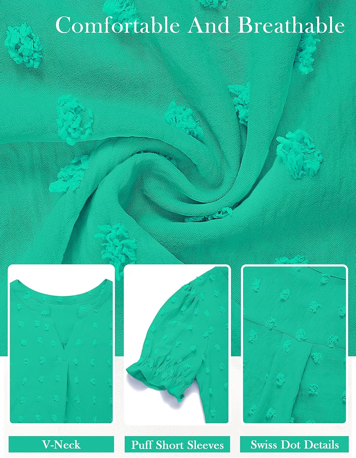 MEROKEETY Women's 2025 Summer V Neck Blouse Puff Sleeve Swiss Dot Business Casual Cute Shirts Tops