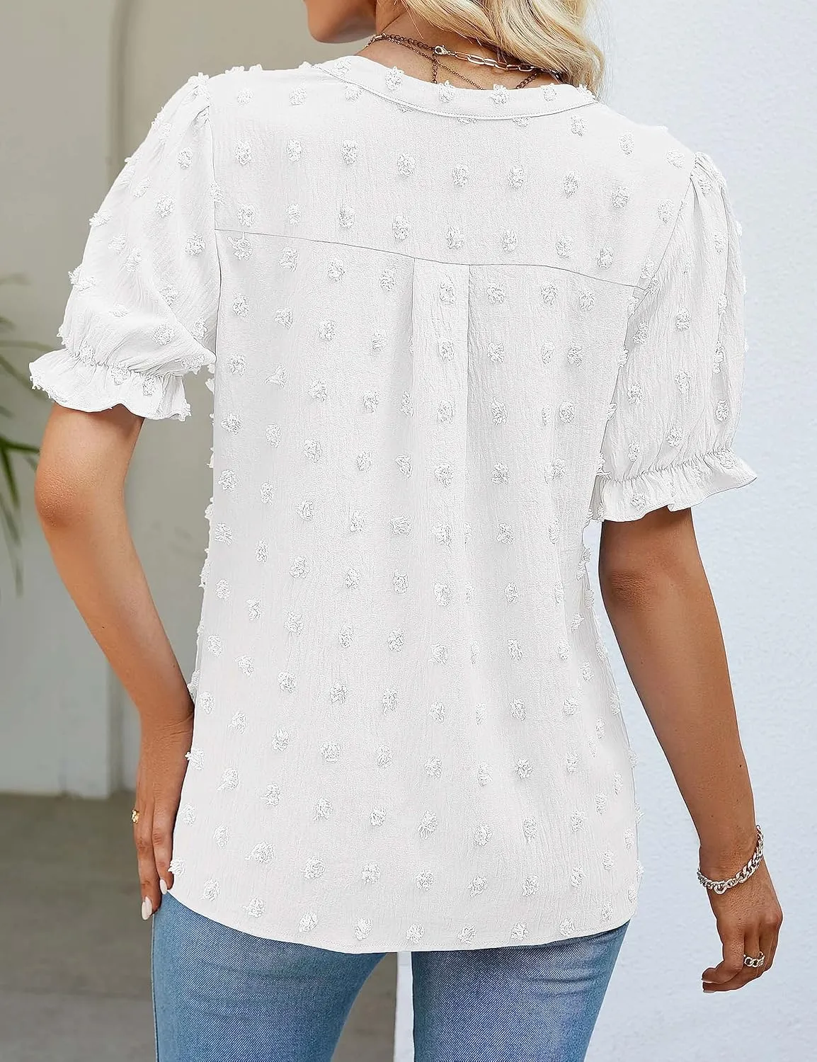 MEROKEETY Women's 2025 Summer V Neck Blouse Puff Sleeve Swiss Dot Business Casual Cute Shirts Tops