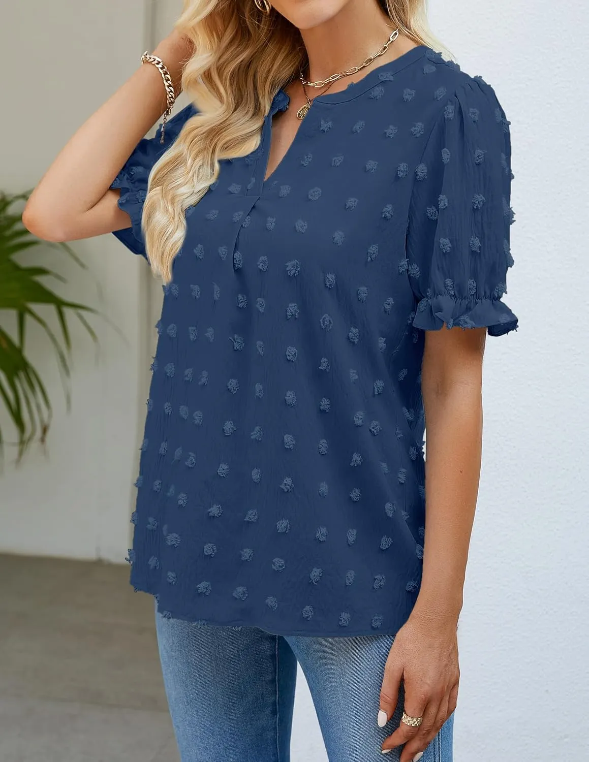MEROKEETY Women's 2025 Summer V Neck Blouse Puff Sleeve Swiss Dot Business Casual Cute Shirts Tops