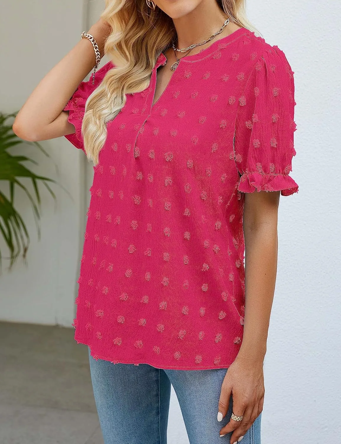 MEROKEETY Women's 2025 Summer V Neck Blouse Puff Sleeve Swiss Dot Business Casual Cute Shirts Tops