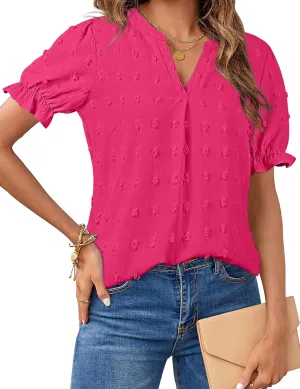 MEROKEETY Women's 2025 Summer V Neck Blouse Puff Sleeve Swiss Dot Business Casual Cute Shirts Tops