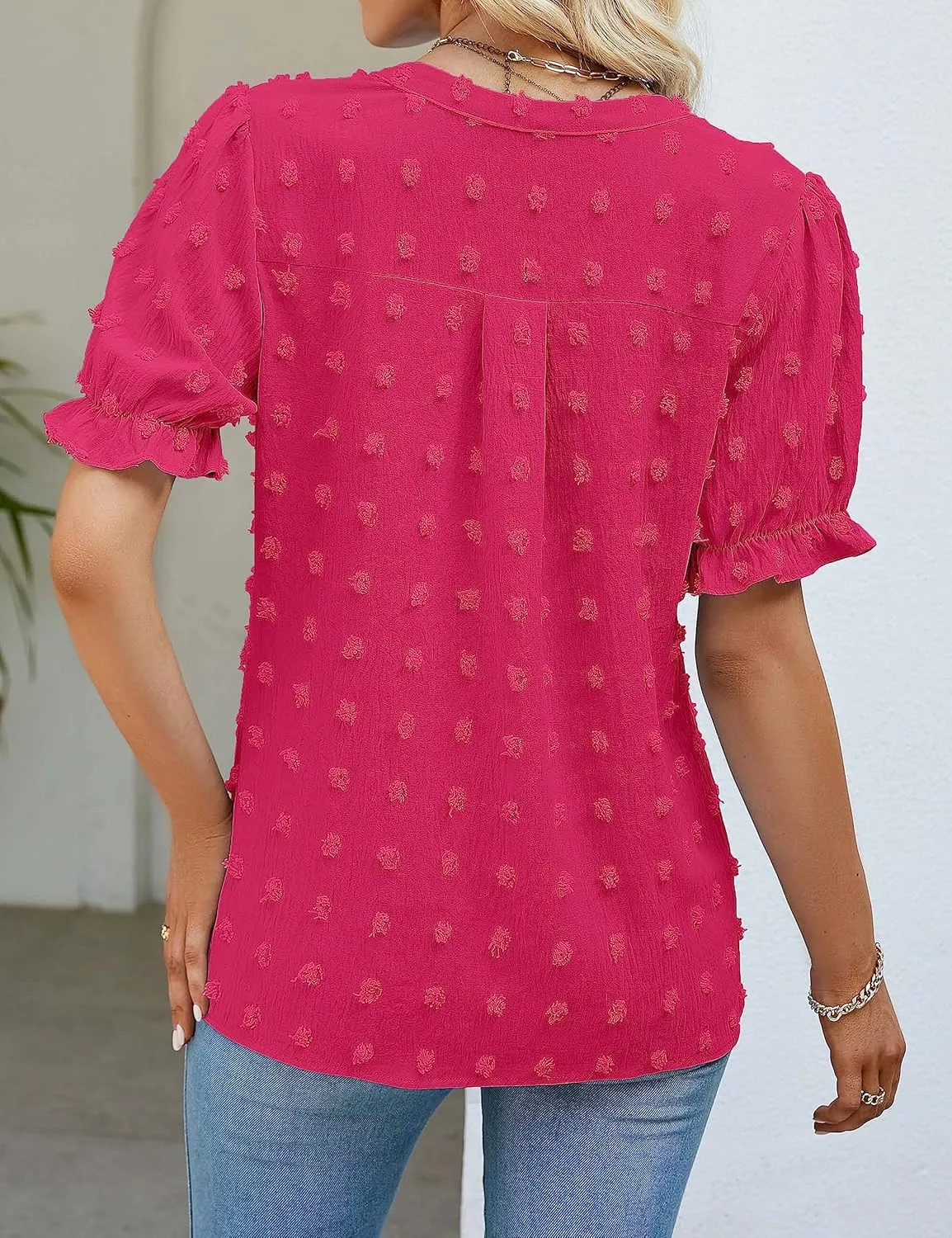 MEROKEETY Women's 2025 Summer V Neck Blouse Puff Sleeve Swiss Dot Business Casual Cute Shirts Tops
