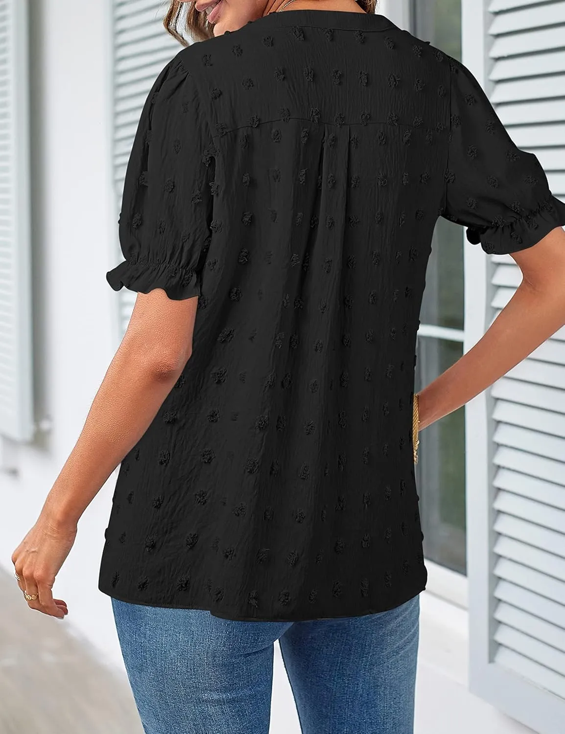 MEROKEETY Women's 2025 Summer V Neck Blouse Puff Sleeve Swiss Dot Business Casual Cute Shirts Tops