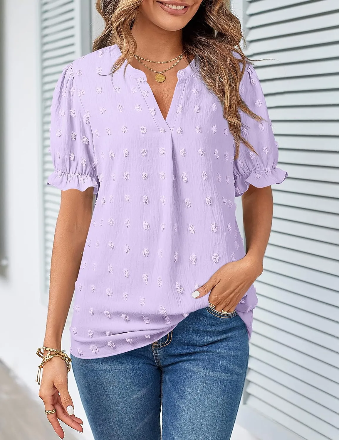 MEROKEETY Women's 2025 Summer V Neck Blouse Puff Sleeve Swiss Dot Business Casual Cute Shirts Tops