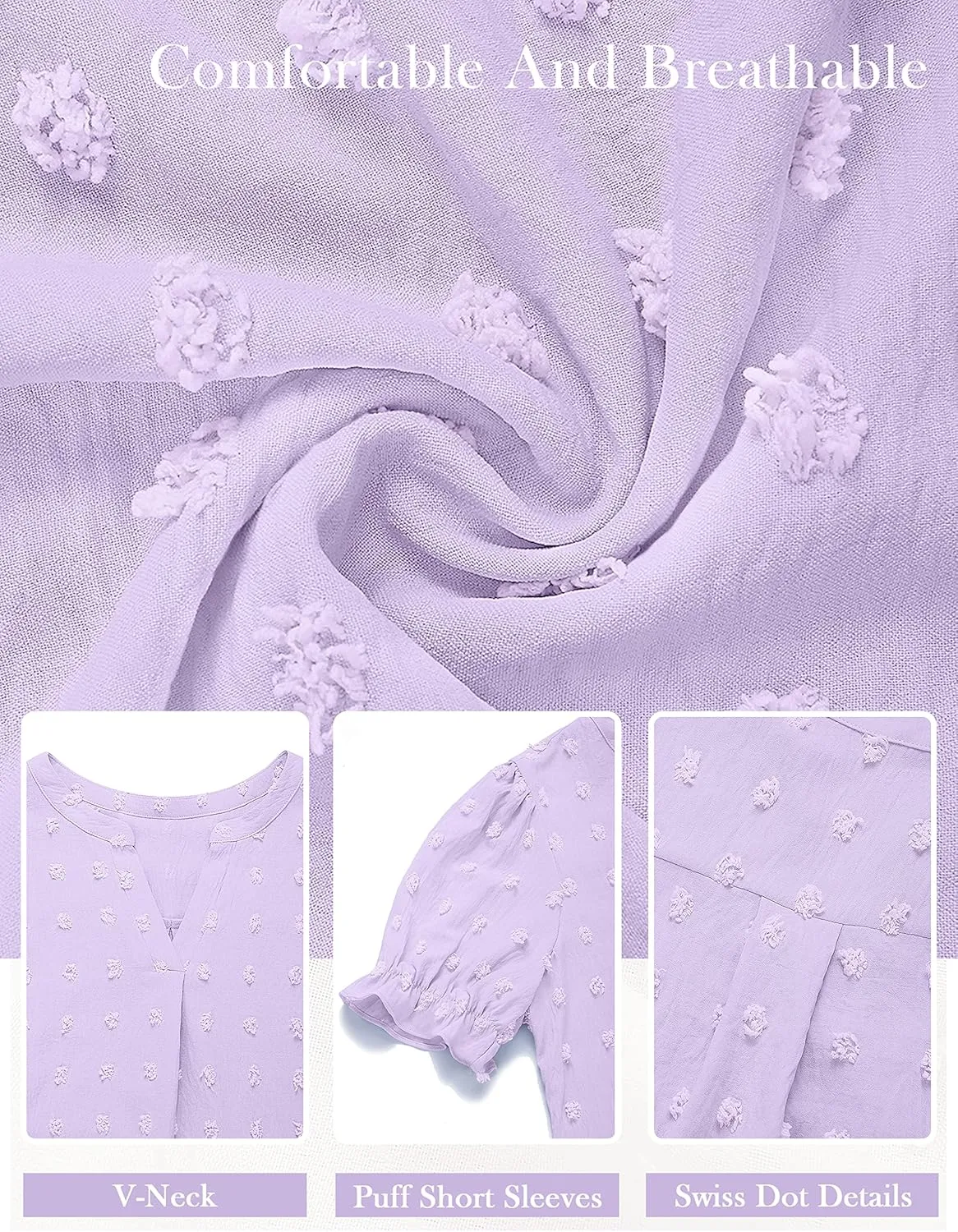 MEROKEETY Women's 2025 Summer V Neck Blouse Puff Sleeve Swiss Dot Business Casual Cute Shirts Tops