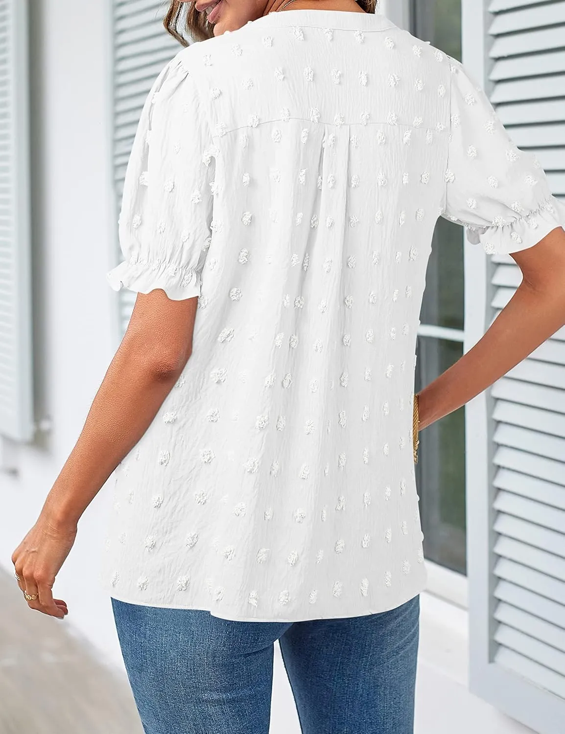 MEROKEETY Women's 2025 Summer V Neck Blouse Puff Sleeve Swiss Dot Business Casual Cute Shirts Tops
