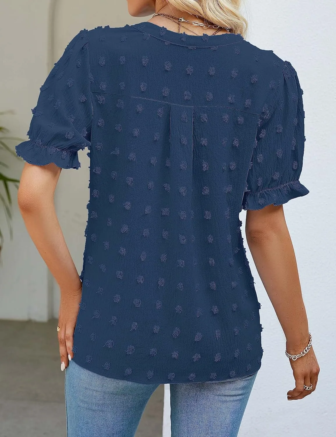 MEROKEETY Women's 2025 Summer V Neck Blouse Puff Sleeve Swiss Dot Business Casual Cute Shirts Tops