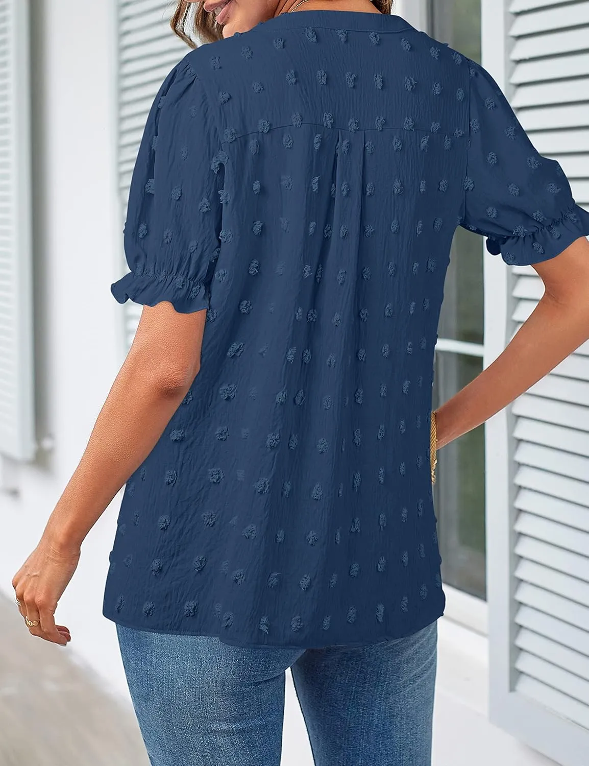 MEROKEETY Women's 2025 Summer V Neck Blouse Puff Sleeve Swiss Dot Business Casual Cute Shirts Tops