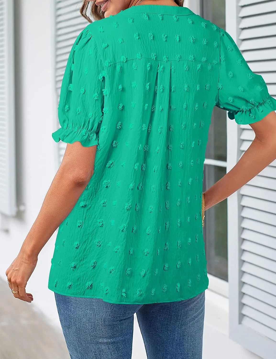 MEROKEETY Women's 2025 Summer V Neck Blouse Puff Sleeve Swiss Dot Business Casual Cute Shirts Tops