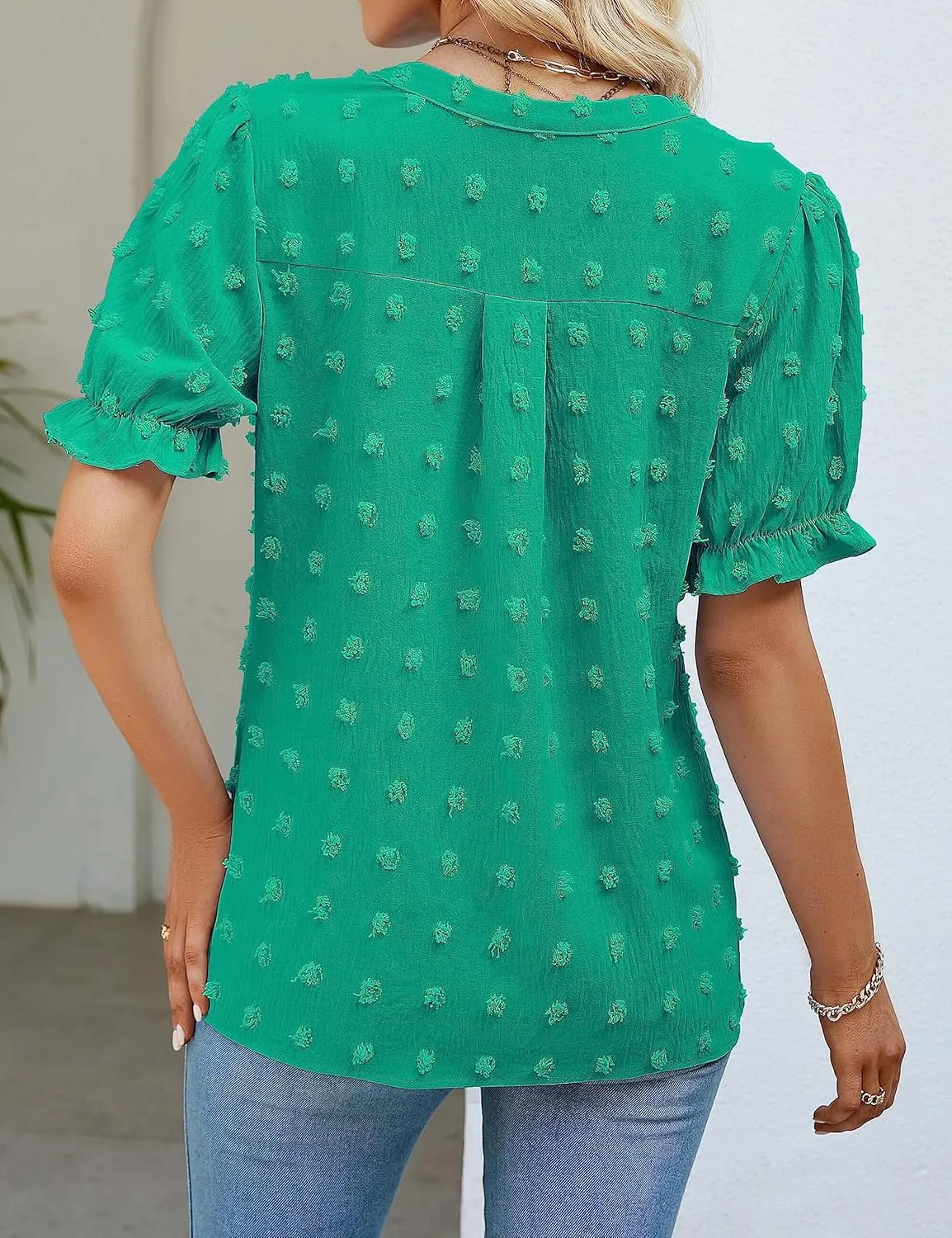 MEROKEETY Women's 2025 Summer V Neck Blouse Puff Sleeve Swiss Dot Business Casual Cute Shirts Tops